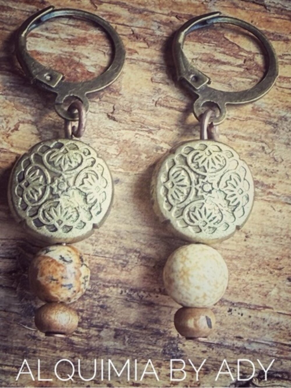 Alquimia Gold-Tone Floral Medallion Drop Earrings with Beige and Brown Beads